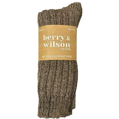 Image of Berry &amp; Wilson 2 Pairs Men’s Super Comfort Wool Boot Socks With Rib Leg Soft Grip Top (BROWN BEIGE)