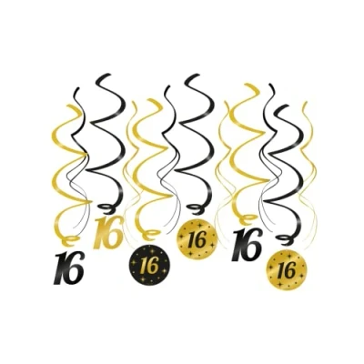 Image of PD Party 16th Birthday Ceiling Spirals Decoration Anniversary Black Gold