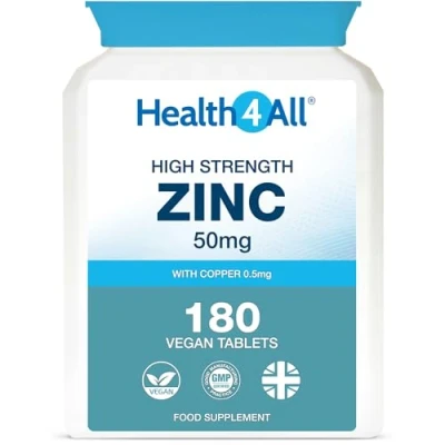 Image of Health4All Zinc 50mg per Tablet, 180 Tablets 6 Months Supply, with Copper, High Strength Supplements for Immune Support, Skin, Hair &amp; Nail Immunity Men Women