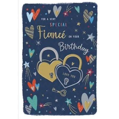 Image of ICG Special Fiance Birthday Card Love Heart Padlocks and Key Embossed with a Foil Finish