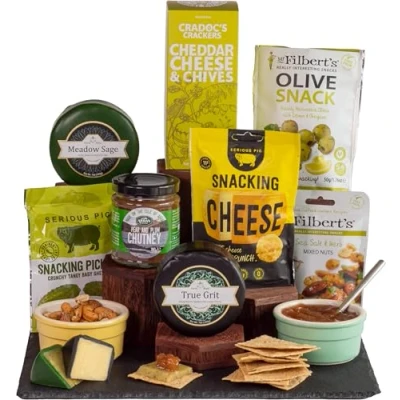 Image of InterCheese Gourmet 2 Cheese Truckles Hamper Gift with Crackers, Chutney, Bites, Pickles, Nuts and Olives presented in Wood Wool