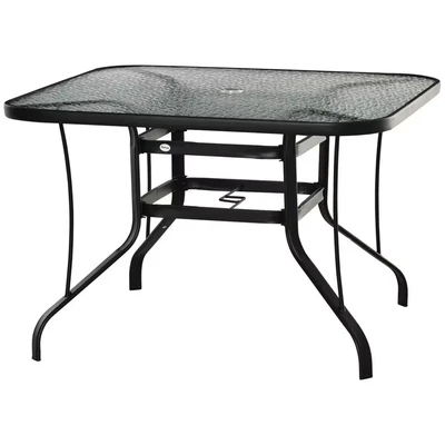 Image of Outsunny 106.5cm Square Garden Table with Parasol Hole, Outdoor Patio Dining Tempered Glass Top, Steel Frame for Garden, Lawn, Patio, Black