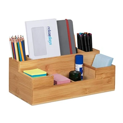Image of Relaxdays Desk Organiser, 7 Compartments, H x W D: 11 30 15 cm, Bamboo, Natural
