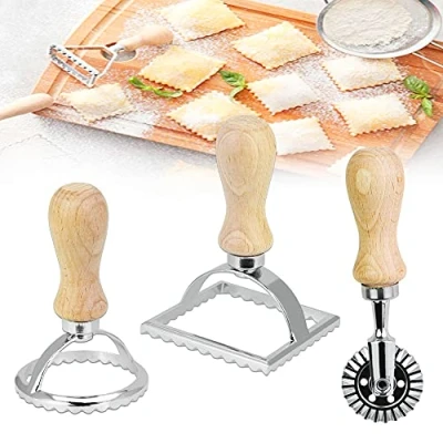 Image of BUENTYA 3 Pcs Ravioli Stamp Set, Stainless Steel Cutters Pasta with Wooden Handle Maker Cutter Wheel Roller for Making Ravioli, Empanadillas or Cookies