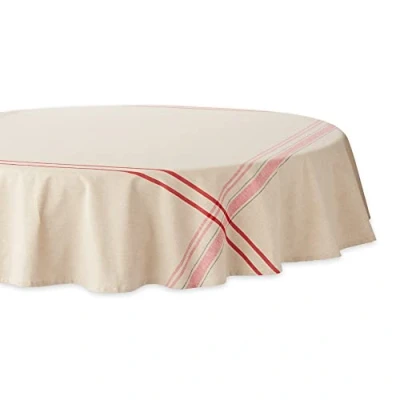 Image of DII French Stripe Dining Table Collection Farmhouse Style Tablecloth, 70 Inches Round, Taupe/Red