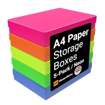 Image of WestonBoxes A4 Colourful Transparent Plastic Craft Storage Boxes with Lids for Art Supplies, Paper and Card (NEON Mix/Opaque, Pack of 5)