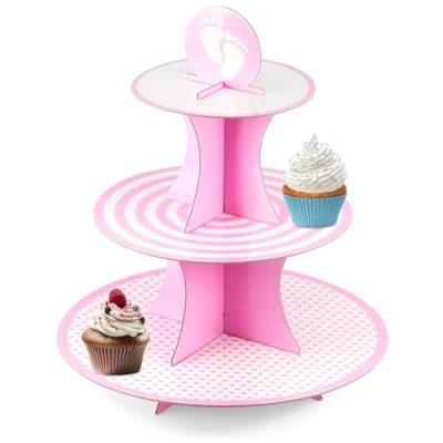 Image of GEEZY 3 Tiers Cardboard Cupcake Stand Reusable Pink Cake &amp; Easy Assembly Perfect for Baby Showers, Birthdays Celebrations Ideal Tier Stands Afternoon Tea