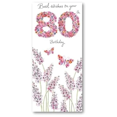 Image of Paper Rose Womens 80th Milestone Birthday Card Age 80 Buddleia and Butterflies Floral with Foil Details Eco Friendly Recyclable