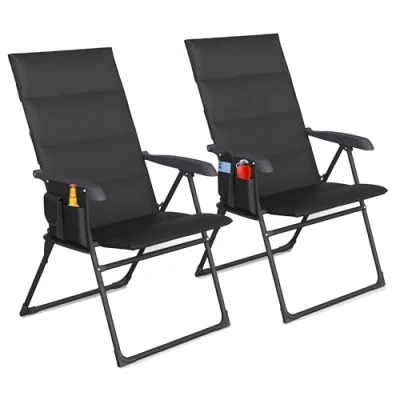 Image of Premium 5‑Position Reclining Folding Garden Chair Padded High‑Back Camping Deck &amp; Fishing Chairs with Side Pocket, Holds 120 kg Portable Outdoor Patio Loungers (2, Black)