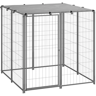 Image of vidaXL Large Steel Dog Kennel Outdoor Versatile Pet Enclosure with Water and UV Resistant Polyethylene Roof Safe Secure Play Area Lockable Latch Size 110x110x110 cm Silver