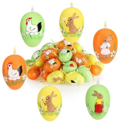 Image of com four® 36x Easter eggs to hang up decoration with great motifs egg Hanging for the bouquet Size: 6 cm (orange green yellow)