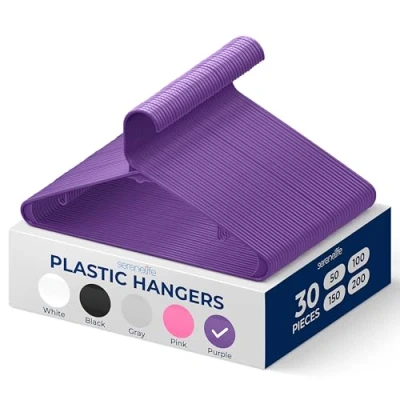 Image of SereneLife Plastic Hangers 30 pcs, Non Slip Heavy Duty Clothes Hanger Set with 360 Swivel Hook, Smooth Finish to Protect Fabric, Lightweight, Ultra Thin for Coats and Other (Purple)