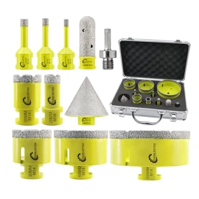 Image of Diamond Core Drill Bits Set 11pcs (6/8/10/20/35/50/68/100mm+20mm Finger Bit+50mm Beveling Chamfer Bit+Hex Adapter) Hole Saw Kit for Ceramic Tile Porcelain Marble Granite with M14 Thread SANLEETEK