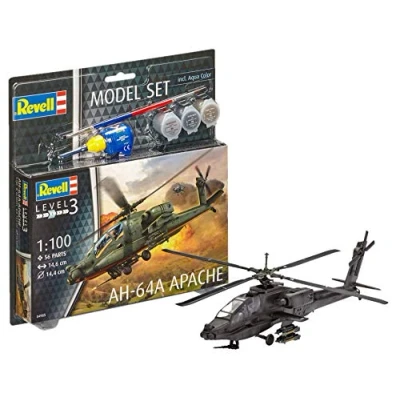 Image of Revell Model Set 64985 AH 64A Apache 1:100 Scale Unbuilt/Unpainted Plastic Kit with Contacta Professional Glue, Paintbrush &amp; Selected Aqua Color Paints