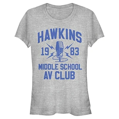 Image of Stranger Things Women&#039;s Hawkins AV Club Short Sleeve T Shirt, Heather Grey, XL