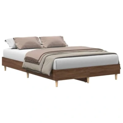 Image of vidaXL Brown Oak Bed Frame Engineered Wood &amp; Stable Eucalyptus Legs Modern Bedroom Furniture for Double with Slatted Base Support 120x200 cm