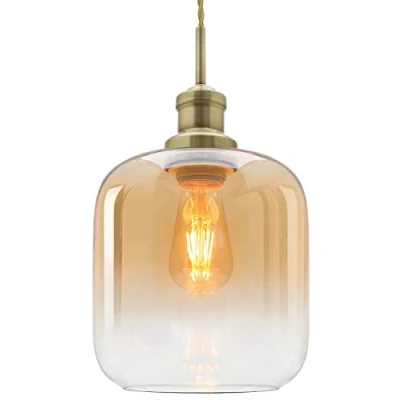 Image of Modern Vintage Glass Pendant Light Smoked Amber and Clear Ceiling Lamp Shade Antique Brass Holder M0203
