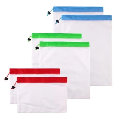 Image of SYEYCW 6 Pcs Reusable Produce Bags, Drawstring Vegetable Washable See Through Lightweight Mesh Bags for Vegetables, Fruits, Grocery, Household Toy, Gift, Travel, Home, 3 Sizes