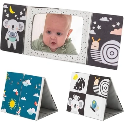 Image of Taf Toys Tummy time Baby Mirror Book. High Contrast Black &amp; White Soft Double sided Activity Newborn Sensory Montessori Toy. Gift Suitable for Boys Girls 0 months +