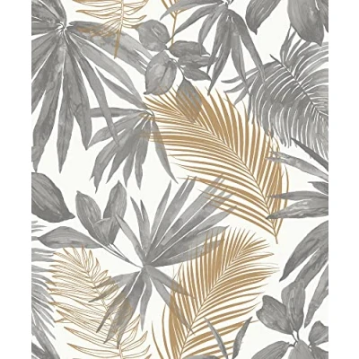 Image of Grandeco Life Jungle Fever Wild Palm Wallpaper JF3601 Metallic Tropical Leaves