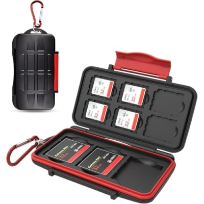 Image of Kiorafoto 9 Slots SD Card Holder Case for 6 Cards &amp; 3 CF Compact Flash Cards, Professional Water Resistant Anti Shock Storage SDHC SDXC Memory Protector Cover with Carabiner