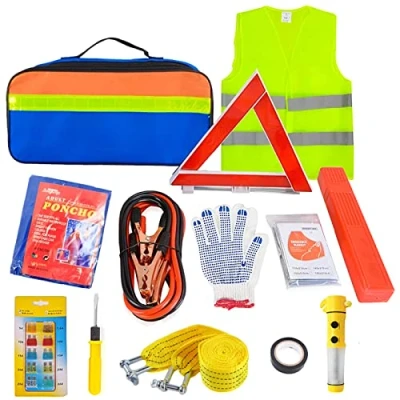 Image of crayfomo 12 In 1 Car Emergency Tool Kits,European Roadside Assistance Breakdown Kit with Visibility Vest,Warning Triangle,Jumper Cables,Car Safety Hammer,Tow Rope,Storage Bag
