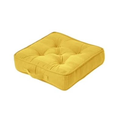 Image of HOMESCAPES Rajput 100% Cotton Floor Cushion Yellow 40 x 8 cm Square Indoor Garden Dining Chair Booster Seat Pad