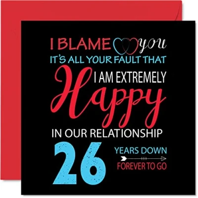 Image of Funny 26th Anniversary Card for Husband Wife Your Fault I&#039;m Extremely Happy Wedding Partner, 145mm x Greeting Cards Twenty Sixth Anniversaries