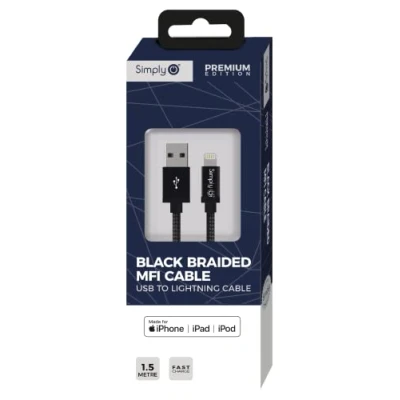 Image of 8x Simply MFI USB iPhone Braided Cable 1.5m Black BLAC03