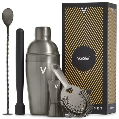 Image of VonShef Cocktail Shaker Set, Graphite 5pc Set with 550ml Manhattan Shaker, Professional Bartender for Home Bar, Including Strainer, Muddler &amp; Other Bar Accessories, Gift Box Included