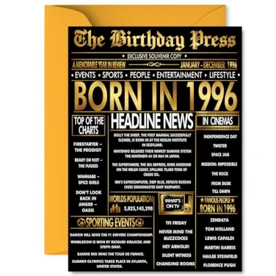 Image of Gold 29th Birthday Card for Men Women Black &amp; Golden Newspaper Born in 1996 Happy 29 Cards Niece Son Auntie Husband Uncle Neighbour, A5 Bday Greeting
