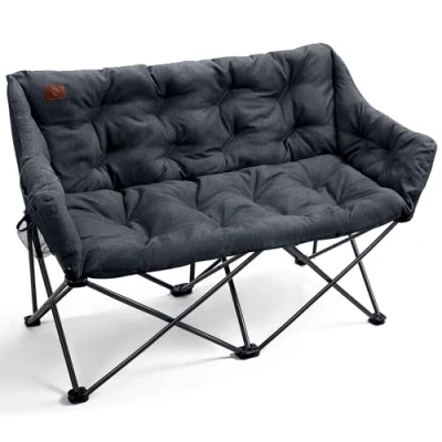 Image of EVER ADVANCED Camping Chair Double for Adults 6cm Padded 320kg Folding 2 Seater Sofa with Side Pocket Dining Garden Outdoor Heavy Duty Luxury Fishing Portable Oversized Comfy Black