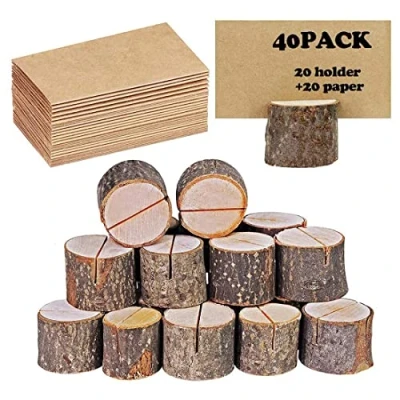 Image of Place Card Holders, Rustic Real Wood with Wooden Bark Table Holder, Number Photo Stand Name Memo Holder for Wedding Party (20 Holders+20 Kraft Paper)