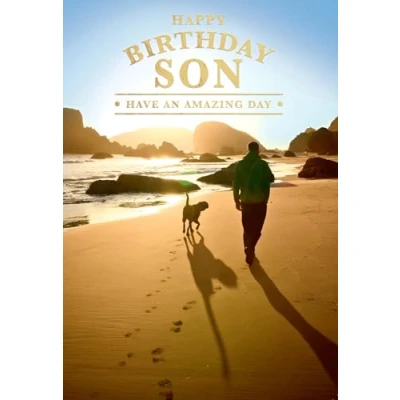 Image of Son Birthday Card Special Finishes Beach Dog Walk Have an Amazing Day Photographic Design Made in the UK Eco Friendly