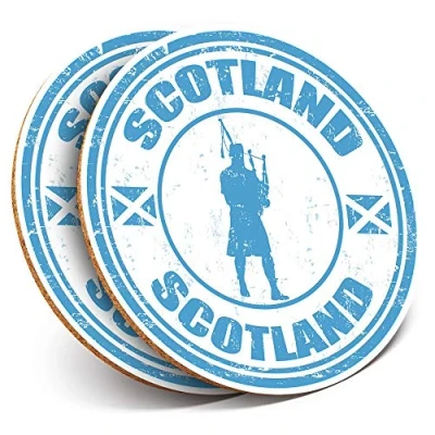 Image of 2 x Round Coasters Scotland Bagpipes Scottish Flag Travel Cork Backed Home Kitchen Accessory Tea Coffee Mug Mat #4275