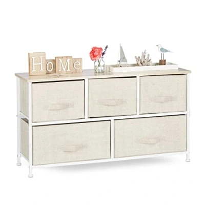 Image of Relaxdays Shelving System, Chest of Drawers, Standing Shelf with 5 Boxes, HxWxD 54.5 x 100 30cm, Metal and Wood, Beige
