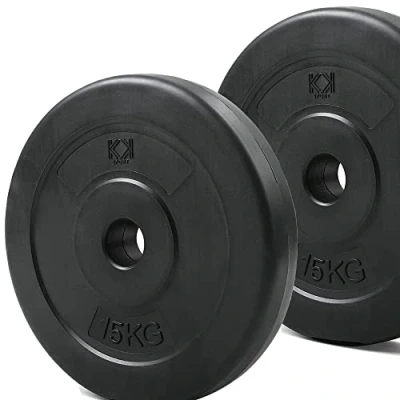Image of KK Vinyl Weight Plate Set. 1 Inch Disc Pair. 2 X 2.5kg, 5kg or 10kg Barbell Plates. Dumbbell Plates for Home Gym Training Weightlifting. (2 15kg)
