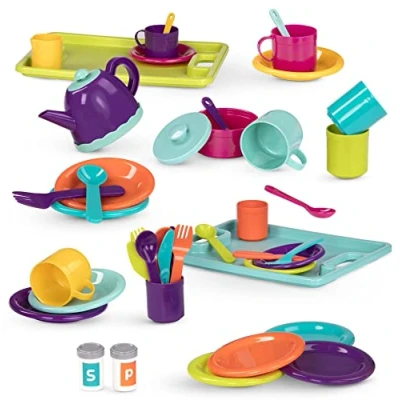 Image of Battat 62243470095 Dinner &amp; Tea Party Play 45pcs Table Settings Pretend Kitchen Toys for 3 years +, Pot, Trays, Plates, Cutlery, Multiple
