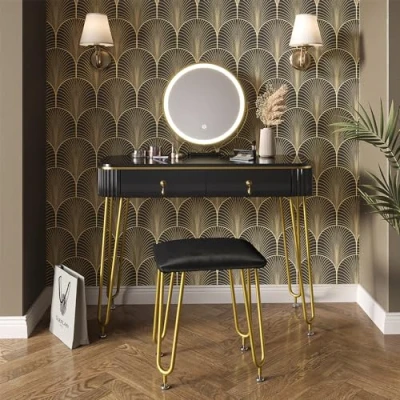 Image of Vicco Vanity table Grace, Black high gloss, 100 cm with LED lighting and stool