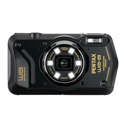 Image of PENTAX WG 8 black all weather adventure camera, featuring outstanding waterproof, dustproof, shock resistant performance, multi application ring light for macro photography and webcam function
