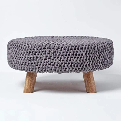 Image of HOMESCAPES Sea Grey Knitted Pouffe Footstool Occasional Seat 100% Cotton for Living Room Children or the Elderly