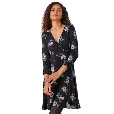 Image of Roman Originals Long Sleeve Tea Dress for Women UK Ladies Fit &amp; Flare Skater Swing Wrap Stretchy Frill Autumn Winter Evening Cocktail Party Work Office Casual Knee Length Black Multi Size 20