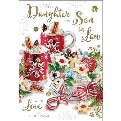 Image of Jonny Javelin Special Daughter and Son in Law Christmas Card Festive Hot Chocolate Biscuits Embossed with Foil Flitter Details