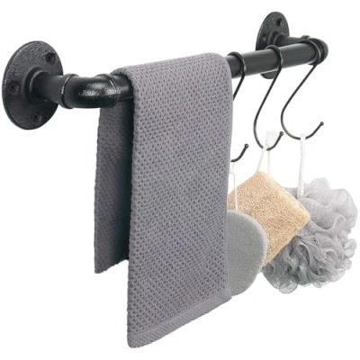 Image of Jeasor Industrial Pipe Towel Bar, DIY Bathroom Shelf Rack Hanging Towel, Steampunk Wall Mount Bath Rustic Holder Rail with 3 Hooks (16 inch)