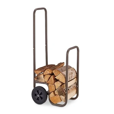 Image of Relaxdays Firewood Cart, Made of Steel, 2 Rubber Wheels, Load Capacity up to 60kg, Transport Wood Pieces, Storage, Brown, 109.5 x 41 45 cm