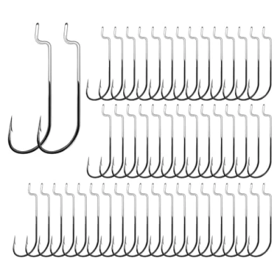 Image of Offset Fishing Hooks, 50Pcs Worm Hooks Barbed Bass for Catfish Trout Size 1/0 2/0 3/0 4/0