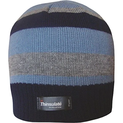 Image of TeddyT&#039;s Boys Striped Design Thermal Knit Fleece Lined Thinsulate Winter Beanie Hat (Black Grey &amp; Air Force Blue)
