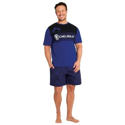 Image of Chelsea F.C. Mens Short Pyjamas Set, Cotton Lounge Wear Gifts (Navy/Black, S)
