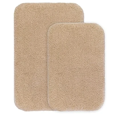 Image of Non Slip Bath Mat 2 Pack Thickened Rug for Bathroom Absorbent Ultra Soft Fluffy Microfiber Bedside Carpet Floor Mat, Machine Washable 40 x 60cm &amp; 50 80cm (Beige)