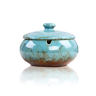 Image of Lependor Ceramic Ashtray with Lids,Windproof,Cigarette for Indoor or Outdoor Use，Ash Holder Smokers,Desktop Smoking Ash Tray Home Office Decoration Blue